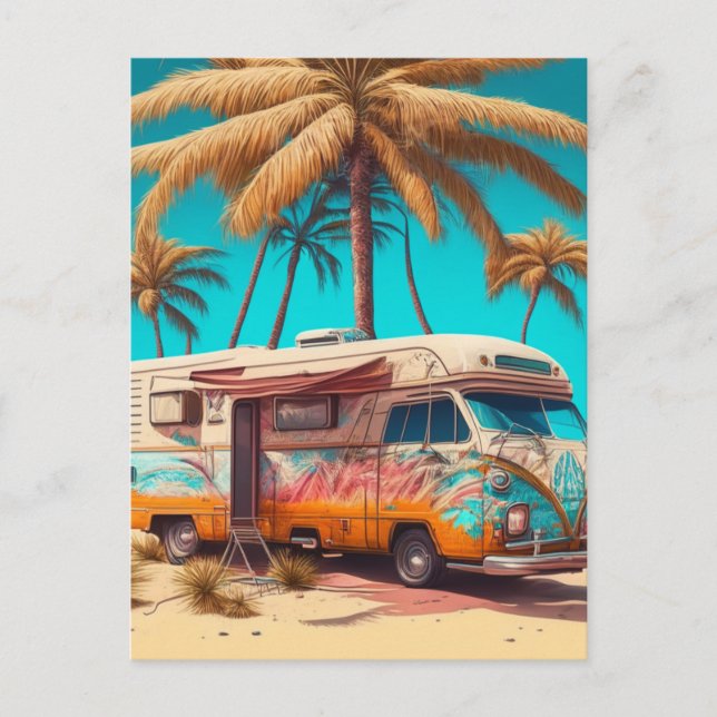 Postal RV y palmeras retro (Anverso)