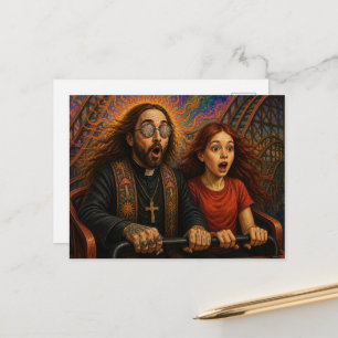 Postal sacerdote y una niña montando una montaña rusa