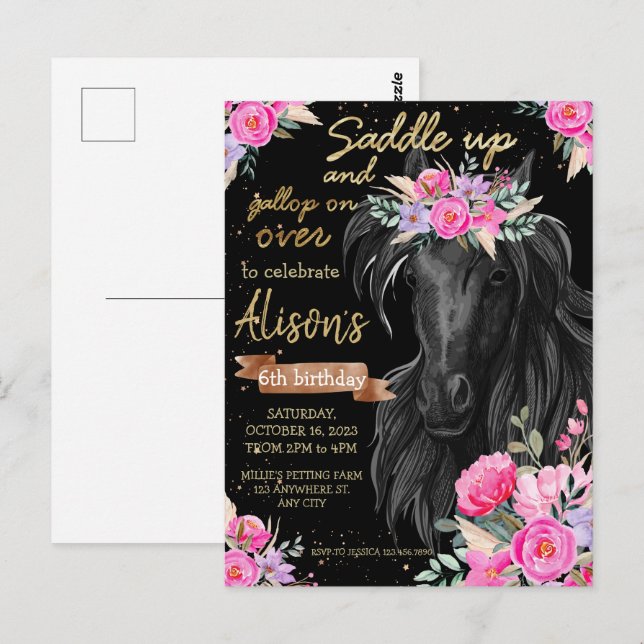Postal Saddle Up oro Black Horse Cowgirl Cumpleaños (Anverso / Reverso)