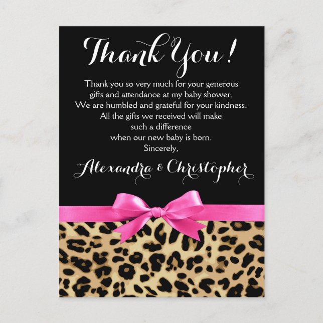 Postal Safari Chica de Leopard Pink Bow Baby Shower Graci (Anverso)