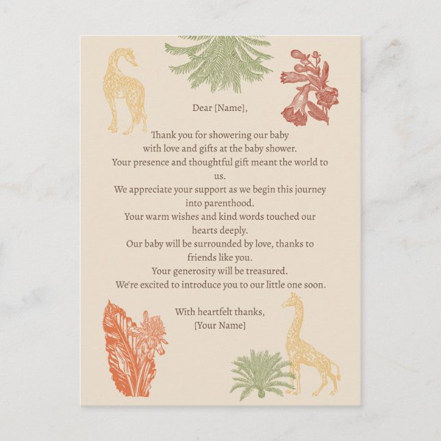 Postal Safari Giraffe & Palm deja Baby Shower (Anverso)