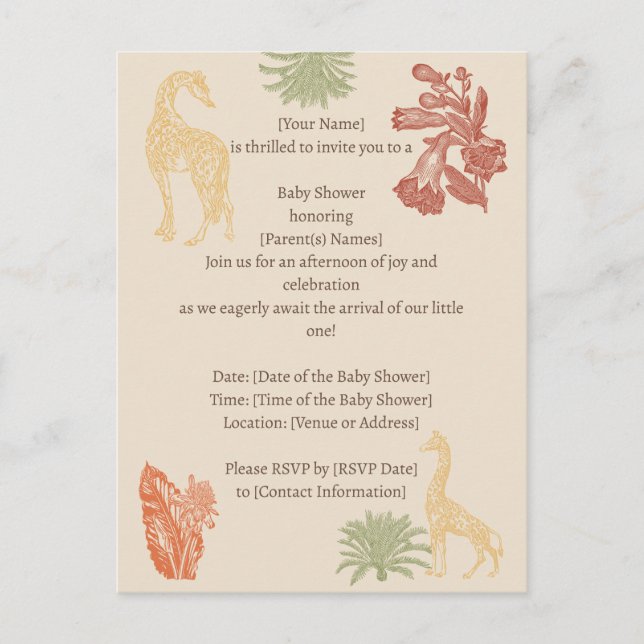 Postal Safari Giraffe & Palm deja Baby Shower (Anverso)