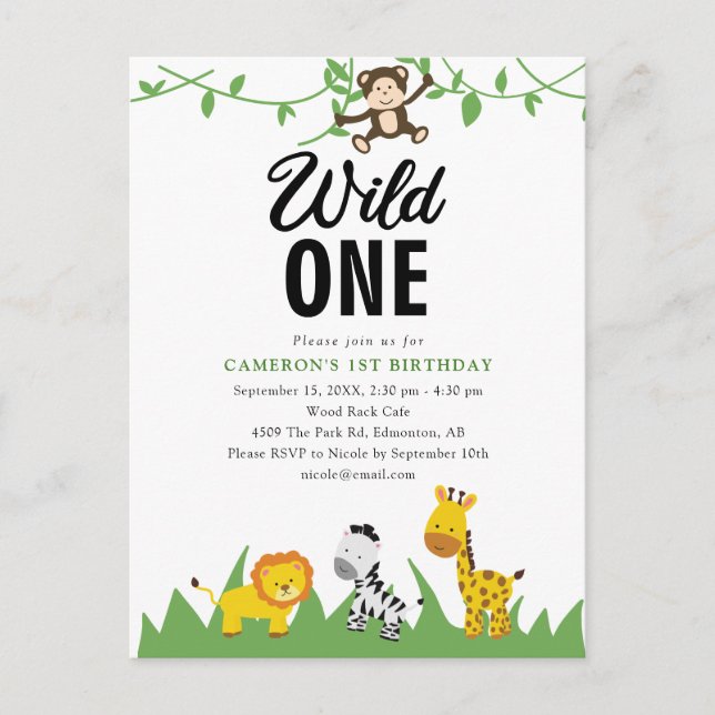 Postal Safari Wild One First Birthday Cute Jungle (Anverso)
