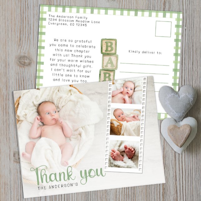 Postal Sage Green Baby Shower Thank You Photo Card (Baby Shower Thank You Postcard)