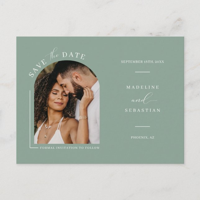 Postal Sage Green Boho Arch Photo QR Code Save the Date P (Anverso)
