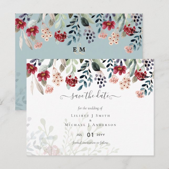 Postal Sage Green Burgundy Blue Floral Boda (Anverso / Reverso)