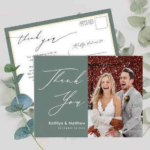 Postal Sage Green Elegant Script Moderno Boda Gracias