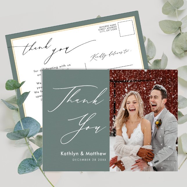 Postal Sage Green Elegant Script Moderno Boda Gracias (Subido por el creador)