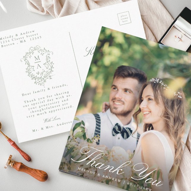 Postal Sage Green, Escudo floral francés, Boda gracias (Front & Back)