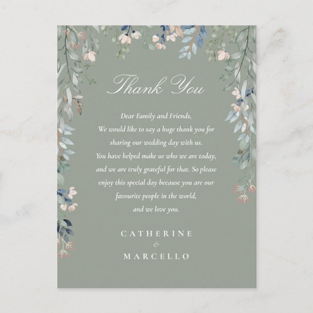 Postal Sage Green Floral Gracias Boda Place Card (Anverso)
