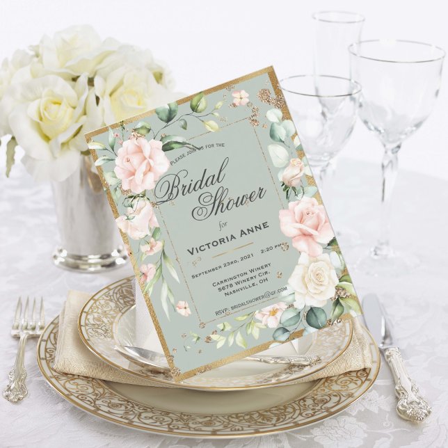 Postal Sage Green Gold Watercolor Floral Brillante Shower (Subido por el creador)