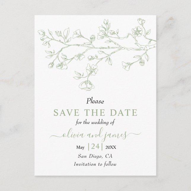 Postal Sage green line art blossoms boda Save the Date (Anverso)