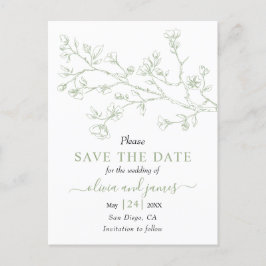Postal Sage green line art blossoms boda Save the Date