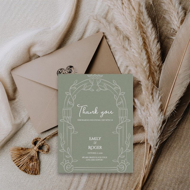 Postal Sage Green Ornate Arch Botanical Wedding Thank You (Sage Green Ornate Arch Botanical Wedding Thank You Card | Elegant Wedding Thank You Note)