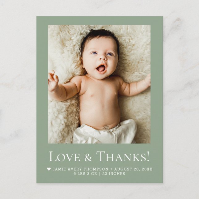 Postal Sage Green Photo Baby Love & thanks Modern  (Anverso)