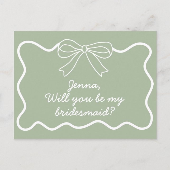 Postal Sage Green Retro Wavy Bridesmaid Propuesta (Anverso)
