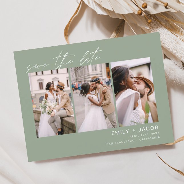 Postal Sage Green Save the Date 3 Photo Elegant Postcard (Subido por el creador)