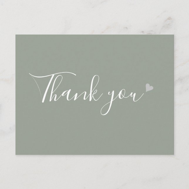 Postal Sage Green Silver Heart Script Agradecimiento Come (Anverso)