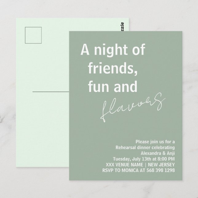 Postal Sage Green, una noche de divertidos amigos Ensayos (Anverso / Reverso)