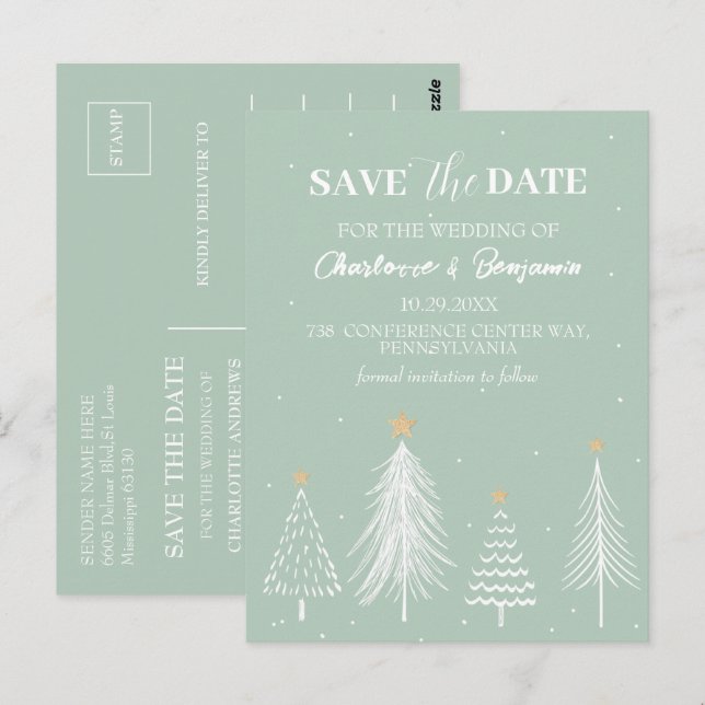 Postal Sage Green Winter Navidades salvan al Boda de cita (Anverso / Reverso)