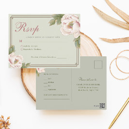 Postal Sage Green y Rubor Peony Floral Wedding RSVP