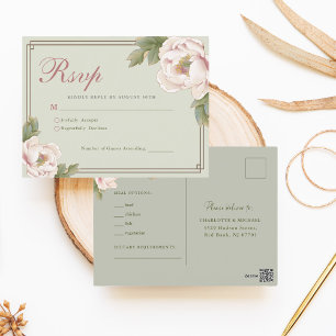 Postal Sage Green y Rubor Peony Floral Wedding RSVP