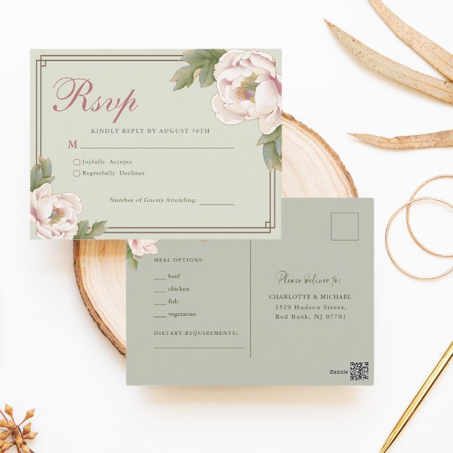 Postal Sage Green y Rubor Peony Floral Wedding RSVP (Subido por el creador)