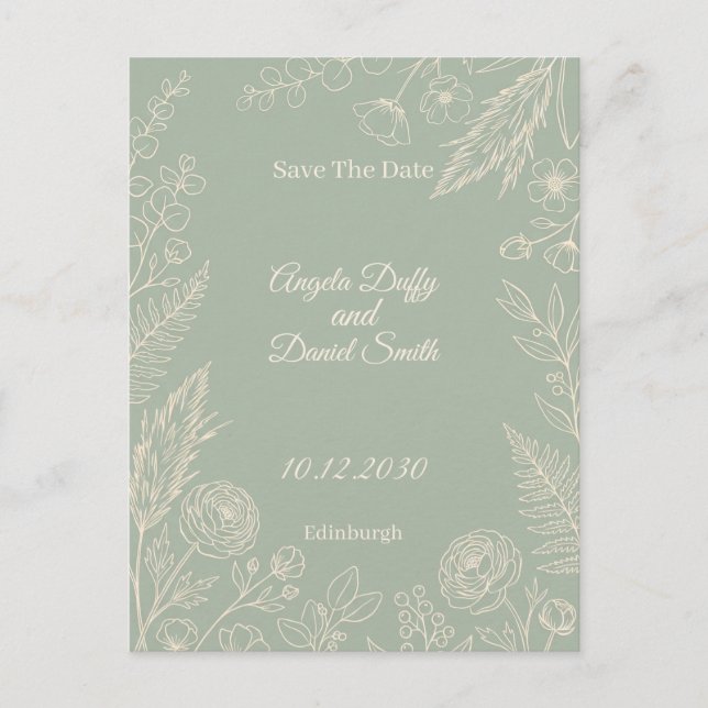 Postal Sage Line Art Floral Save the Date (Anverso)