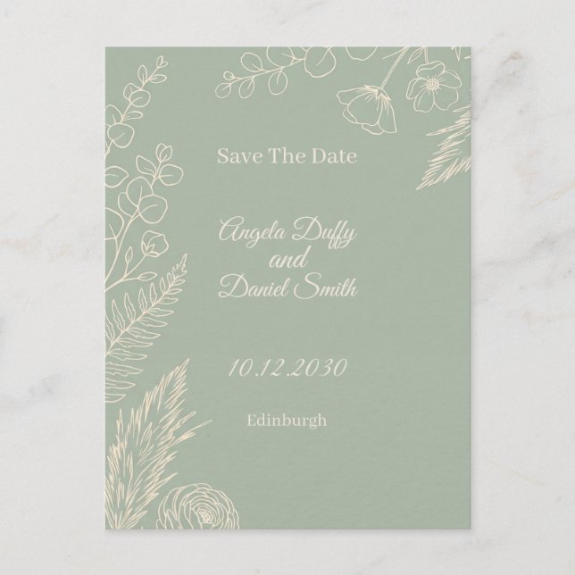 Postal Sage Line Art Floral Save the Date (Anverso)