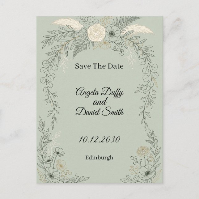 Postal Sage Line Art Floral Save the Date (Anverso)