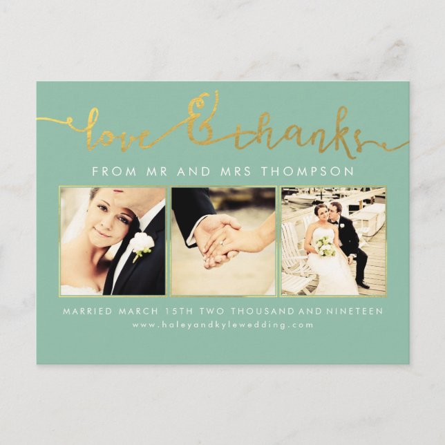 Postal Sage Mint Gold Boda Love & Gracias Script Photo (Anverso)