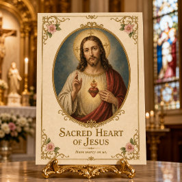 Postal Sagrado Corazón de Jesús Floral Oro Vintage