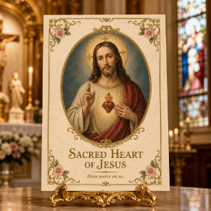 Postal Sagrado Corazón de Jesús Floral Oro Vintage