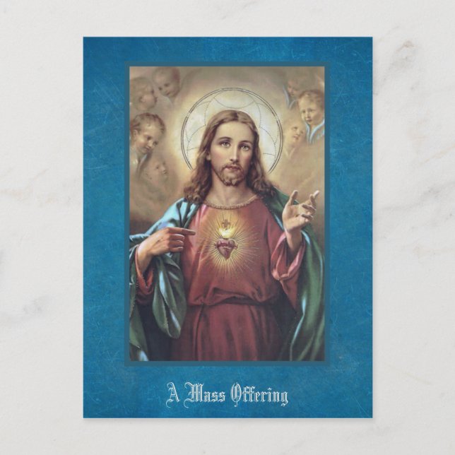 Postal Sagrado Corazón Jesús Ofrecimiento de la Masa Reli (Anverso)
