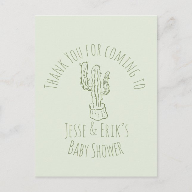 Postal Saguaro Cactus mano dibujó Baby Shower verde (Anverso)