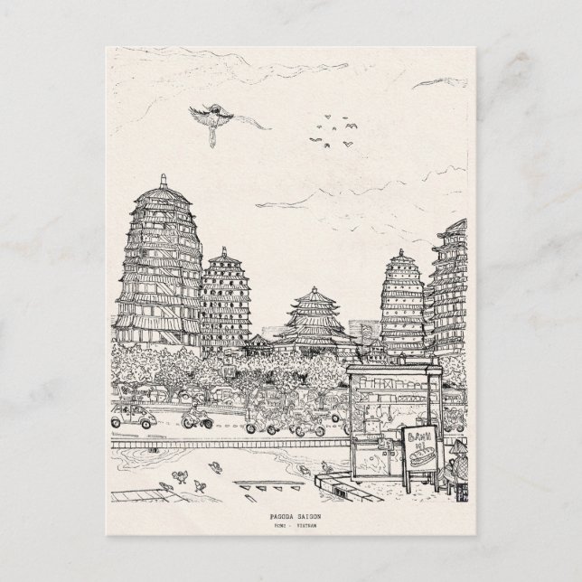 Postal Saigon Pagoda Vietnam Cityscape Tinta Dibujo (Anverso)