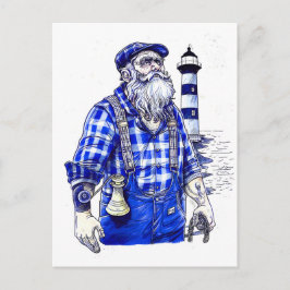 Postal Sailor Holding Bell Standing Near Coastal Lighthou