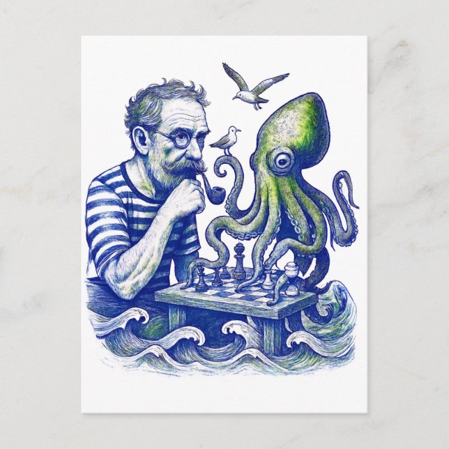 Postal Sailor Playing Chess With Large Curious Octopus (Anverso)