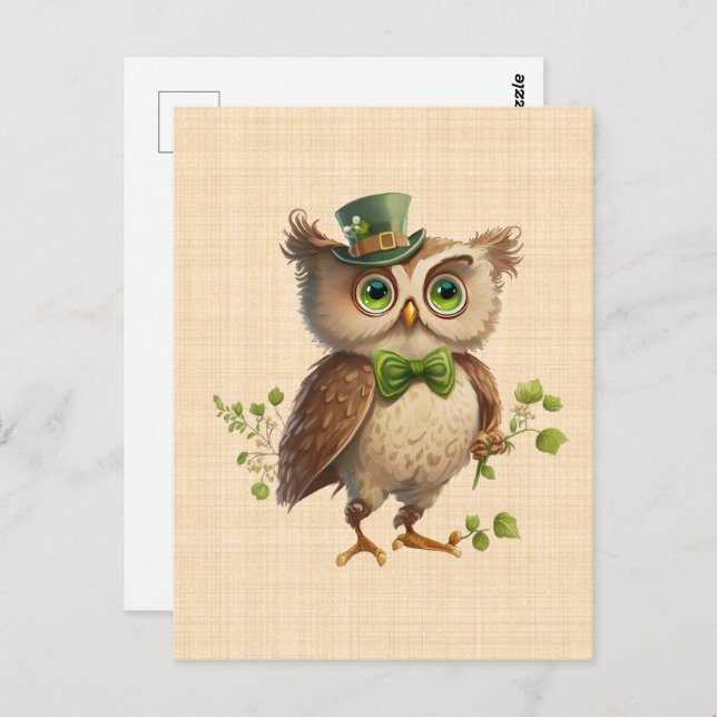 Postal Saint Patrick - Chouette portant chapeau vert  (Anverso / Reverso)