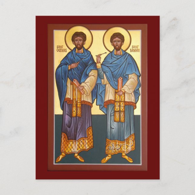 Postal Saints Cosmas and Damian Icon Prayer Card (Anverso)