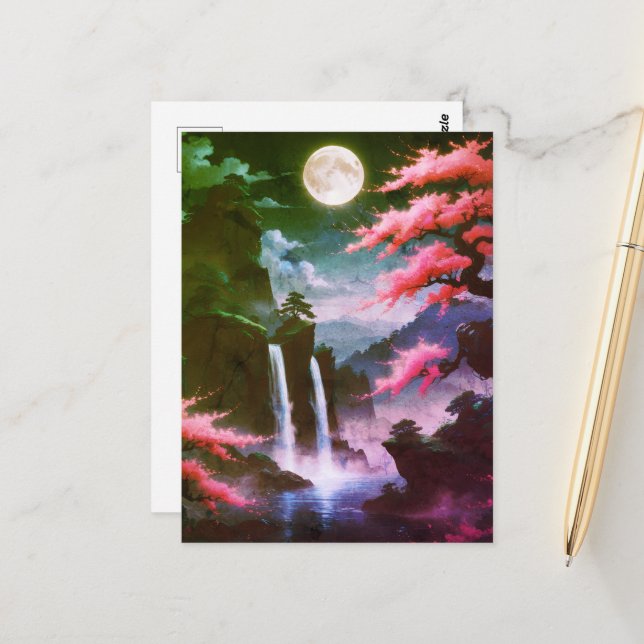 Postal Sakora tree-Moonlit Waterfall with Cherr-pink (Anverso/Reverso In Situ)