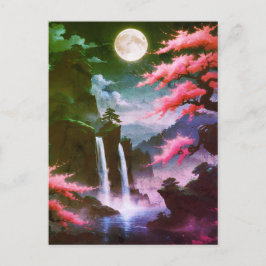 Postal Sakora tree-Moonlit Waterfall with Cherr-pink