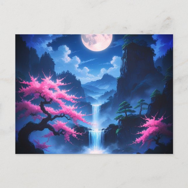 Postal Sakora tree -Moonlit Waterfall with Cherry-nature (Anverso)