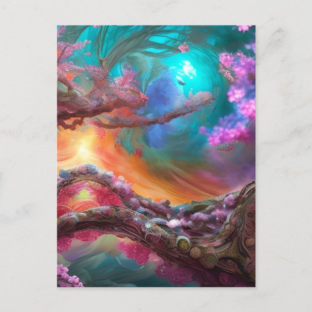 Postal Sakura en el paisaje fantástico (Anverso)