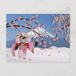 Postal Sakura Geisha Pájaro en la Nieve Flor de Cerezo