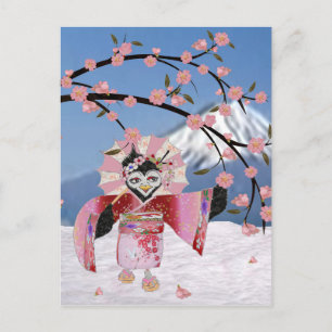 Postal Sakura Geisha Pájaro en la Nieve Flor de Cerezo