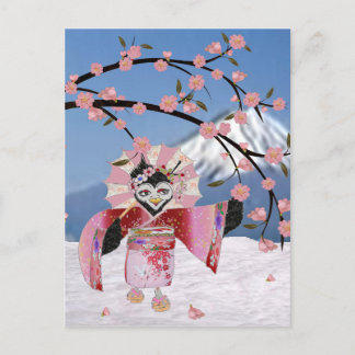 Postal Sakura Geisha Pájaro en la Nieve Flor de Cerezo