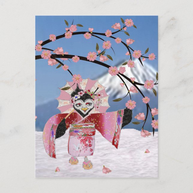 Postal Sakura Geisha Pájaro en la Nieve Flor de Cerezo (Anverso)