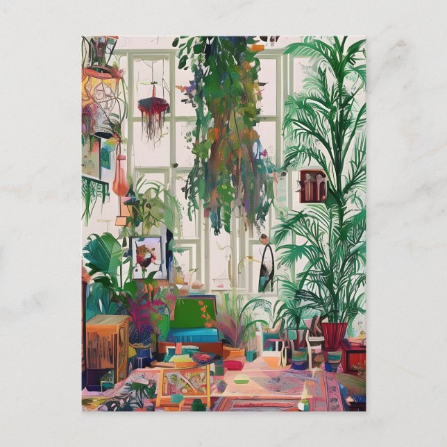 Postal Sala de estar de Boho llena de plantas (Anverso)
