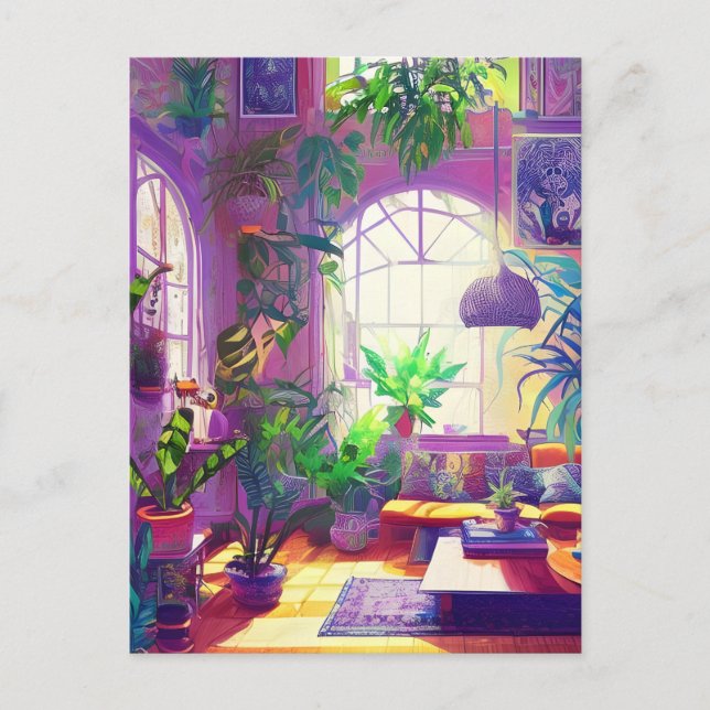 Postal Sala de estar llena de plantas tropicales generada (Anverso)